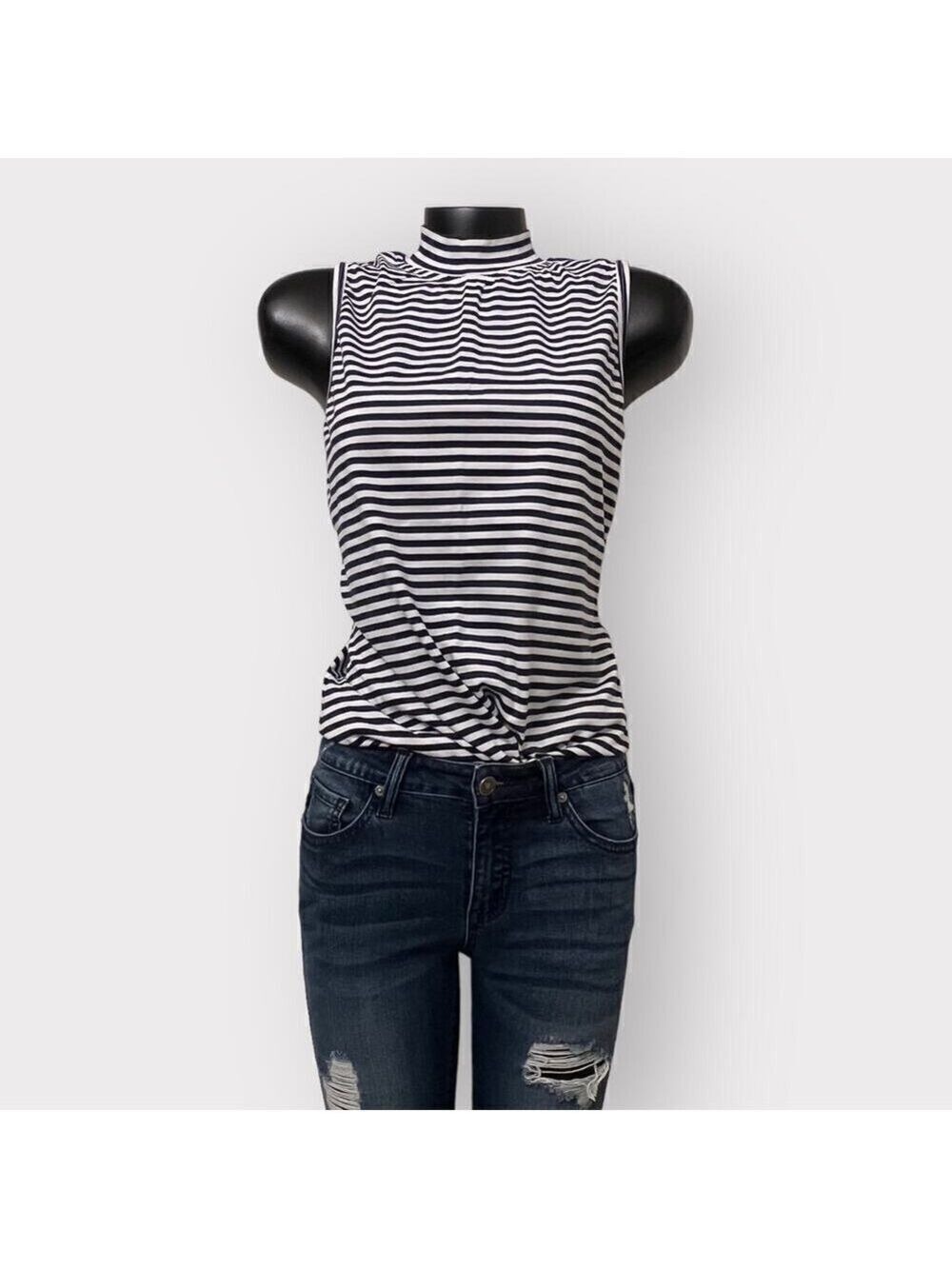 Liz Thomas VINTAGE Womens Tank Top sz M Sleeveless Shirt 80’s 90’s Stripes Navy
